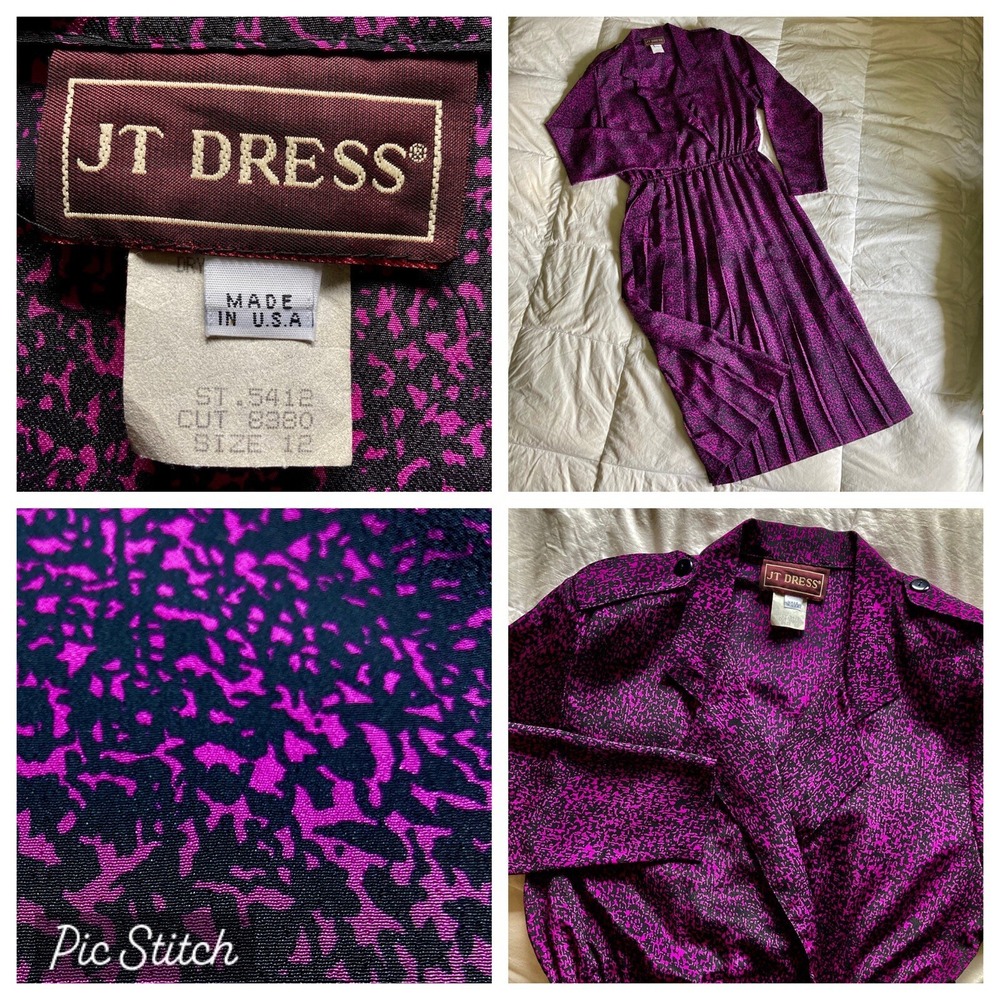 Vintage 1980s JT Dress Pleated Purple Calico PolyChiffon Made in USA Size12